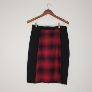 Nordstrom Halogen Plaid Knee Length Pencil Skirt Holiday Red Black Panels